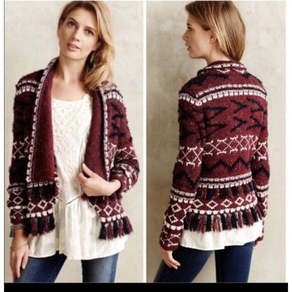 Anthropologie Moth Vera Fringe Cardigan XS S Sweater Aztec Cotton Red Cream Fall - Picture 1 of 15